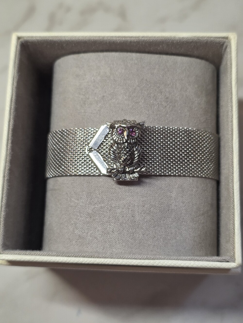 Silver Owl Mesh Bracelet with Purle Crystal Eyes